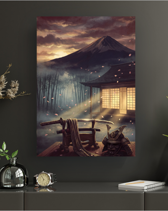 Affiche verticale représentant un paysage japonais au crépuscule. Au premier plan, une katana posée sur un support en bois et un casque de samouraï (kabuto) sont éclairés par des rayons de lumière traversant une forêt de bambous. Des pétales de cerisiers roses tombent délicatement. En arrière-plan, une maison traditionnelle japonaise aux fenêtres éclairées et le majestueux Mont Fuji se dressent sous un ciel nuageux teinté d'oranges et de rouges. L'ambiance est mystique et sereine.