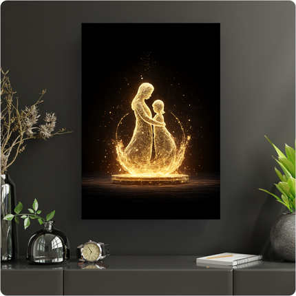 Affiche verticale sur fond noir représentant une mère et son enfant s'étreignant, leurs silhouettes composées de particules lumineuses dorées et scintillantes. Une aura dorée en forme de cercle et des éclats de lumière entourent les figures, posées sur une base sombre et texturée. L'ensemble dégage une impression de chaleur, d'amour et de magie.