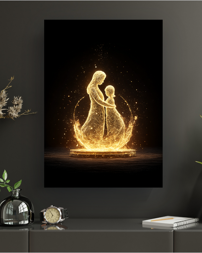 Affiche verticale sur fond noir représentant une mère et son enfant s'étreignant, leurs silhouettes composées de particules lumineuses dorées et scintillantes. Une aura dorée en forme de cercle et des éclats de lumière entourent les figures, posées sur une base sombre et texturée. L'ensemble dégage une impression de chaleur, d'amour et de magie.