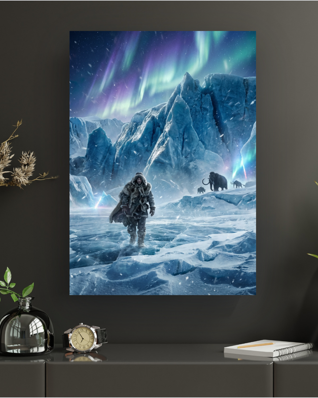 Poster vertical numérique représentant un explorateur solitaire vêtu de fourrures épaisses et d'une cape, marchant avec détermination sur une étendue de glace craquelée et de neige fraîche. Le ciel est illuminé par de spectaculaires aurores boréales aux teintes vertes et violettes. En arrière-plan, d'imposantes montagnes de glace bleutées se dressent, et une harde de mammouths majestueux est visible, progressant dans une légère tempête de neige. L'ambiance générale est épique, froide et mystérieuse, avec d…