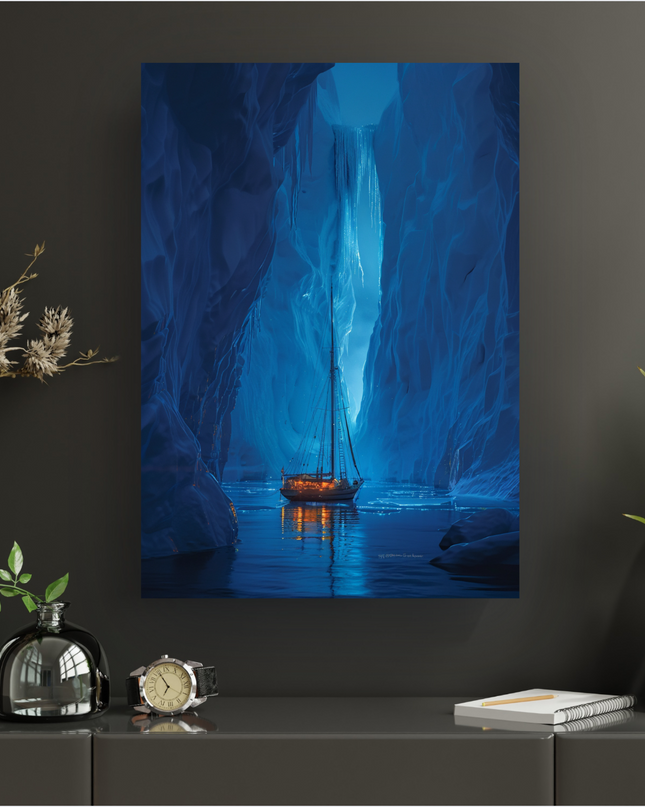 Affiche verticale représentant un voilier ancien aux lumières chaudes naviguant sur des eaux calmes à l'intérieur d'une immense grotte de glace aux parois bleues et texturées. Au fond, une cascade de glace ou d'eau gelée est illuminée par une lumière intense, créant un contraste saisissant entre le bleu glacial et le jaune orangé des reflets du bateau sur l'eau. L'ambiance est mystérieuse et majestueuse.