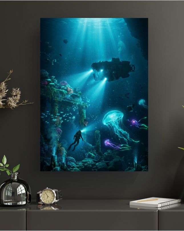 Affiche verticale représentant une scène d'exploration sous-marine profonde et mystérieuse. Au centre, un plongeur solitaire éclaire de sa lampe torche des ruines antiques recouvertes de coraux colorés. Au-dessus, un sous-marin futuriste projette des faisceaux lumineux puissants. Plusieurs méduses bioluminescentes, aux teintes de turquoise et de violet, flottent gracieusement. Des bancs de petits poissons nagent autour des structures. La lumière du soleil pénètre faiblement la surface, créant des rayons lu…