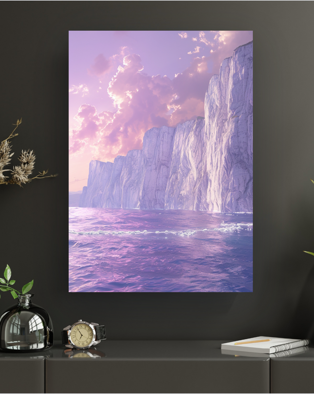 Affiche verticale présentant un paysage marin majestueux. De hautes falaises blanches et texturées s'étendent le long d'un océan aux teintes violettes et roses. Le ciel au-dessus est rempli de nuages volumineux éclairés par un coucher de soleil aux lueurs roses et orangées, créant une atmosphère onirique et apaisante. L'image est dominée par des couleurs pastel et vibrantes.