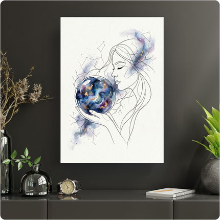 Affiche murale verticale représentant une femme en line art, le visage de profil aux yeux fermés, tenant délicatement dans ses mains une sphère cosmique aux couleurs bleu, violet et or. Des éclats d'aquarelle, des constellations et des motifs évoquant des branches parsèment l'arrière-plan, créant une ambiance mystique et onirique. Le style est épuré et élégant.