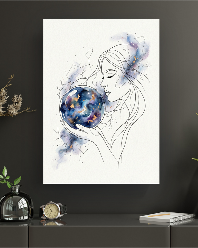 Affiche murale verticale représentant une femme en line art, le visage de profil aux yeux fermés, tenant délicatement dans ses mains une sphère cosmique aux couleurs bleu, violet et or. Des éclats d'aquarelle, des constellations et des motifs évoquant des branches parsèment l'arrière-plan, créant une ambiance mystique et onirique. Le style est épuré et élégant.