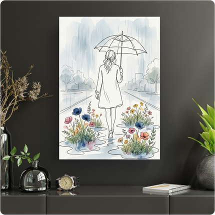 Affiche verticale représentant une femme vue de dos, tenant un parapluie ouvert sous une pluie fine. Le dessin est réalisé en line art noir sur fond blanc, avec des touches d'aquarelle pastel pour le ciel bleu gris de la pluie et les flaques d'eau. Au premier plan, des parterres de fleurs colorées (bleues, roses, jaunes, oranges) poussent dans des flaques d'eau. L'arrière-plan esquisse un paysage urbain avec des arbres et des bâtiments. L'ambiance est douce et poétique.