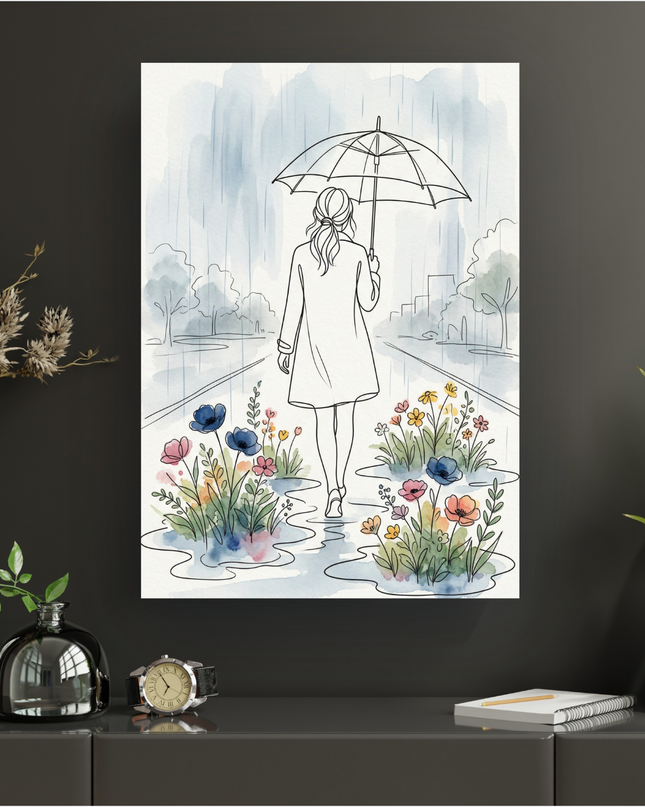 Affiche verticale représentant une femme vue de dos, tenant un parapluie ouvert sous une pluie fine. Le dessin est réalisé en line art noir sur fond blanc, avec des touches d'aquarelle pastel pour le ciel bleu gris de la pluie et les flaques d'eau. Au premier plan, des parterres de fleurs colorées (bleues, roses, jaunes, oranges) poussent dans des flaques d'eau. L'arrière-plan esquisse un paysage urbain avec des arbres et des bâtiments. L'ambiance est douce et poétique.