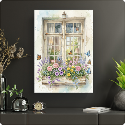 Affiche verticale représentant une illustration aquarelle d'une fenêtre en bois clair de style vintage. Une jardinière remplie de fleurs aux couleurs pastel comme des roses, des lavandes, des pétunias et de petites fleurs jaunes et bleues orne le rebord. Plusieurs papillons aux teintes orangées et bleues volent autour des fleurs. Une petite lanterne est accrochée au-dessus de la fenêtre, et l'arrière-plan suggère un mur clair avec des éclaboussures d'aquarelle. L'ensemble dégage une atmosphère douce et buc…