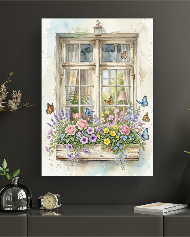 Affiche verticale représentant une illustration aquarelle d'une fenêtre en bois clair de style vintage. Une jardinière remplie de fleurs aux couleurs pastel comme des roses, des lavandes, des pétunias et de petites fleurs jaunes et bleues orne le rebord. Plusieurs papillons aux teintes orangées et bleues volent autour des fleurs. Une petite lanterne est accrochée au-dessus de la fenêtre, et l'arrière-plan suggère un mur clair avec des éclaboussures d'aquarelle. L'ensemble dégage une atmosphère douce et buc…