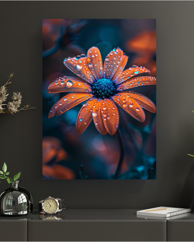 Affiche murale représentant une fleur aux pétales orange vif et au cœur bleu turquoise, recouverte de nombreuses gouttes d'eau scintillantes. L'arrière-plan est flou, dans des tons sombres de bleu-vert et d'orange diffus, créant une atmosphère mystérieuse et profonde. L'image est une macro d'une fleur de type marguerite après la pluie ou la rosée.