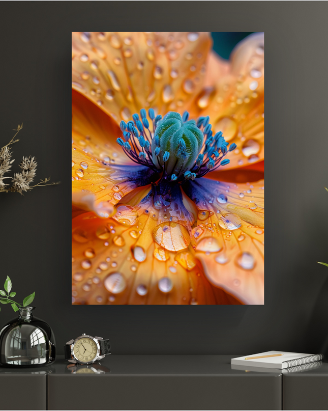 Affiche murale représentant un gros plan saisissant d'une fleur aux pétales orange vif, ornée d'un cœur central aux teintes bleues et vertes intenses. De nombreuses gouttes d'eau perlent délicatement sur les pétales et le cœur, créant un effet de fraîcheur et de réalisme. Le fond est sombre et flou, mettant en valeur la fleur. L'affiche est présentée sans cadre sur un mur gris foncé, au-dessus d'un meuble bas moderne avec des objets décoratifs.