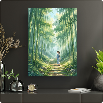 Affiche verticale présentant une illustration de style anime japonais. Une jeune femme aux cheveux sombres, vêtue d'un kimono traditionnel bleu et blanc, est vue de dos marchant sur un sentier en pierre. Elle s'enfonce dans une dense forêt de bambous luxuriants et verdoyants. La lumière du soleil filtre à travers la canopée, créant des reflets lumineux et des points de lumière scintillants dans l'air, évoquant une atmosphère paisible et légèrement magique.