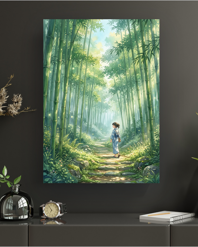Affiche verticale présentant une illustration de style anime japonais. Une jeune femme aux cheveux sombres, vêtue d'un kimono traditionnel bleu et blanc, est vue de dos marchant sur un sentier en pierre. Elle s'enfonce dans une dense forêt de bambous luxuriants et verdoyants. La lumière du soleil filtre à travers la canopée, créant des reflets lumineux et des points de lumière scintillants dans l'air, évoquant une atmosphère paisible et légèrement magique.