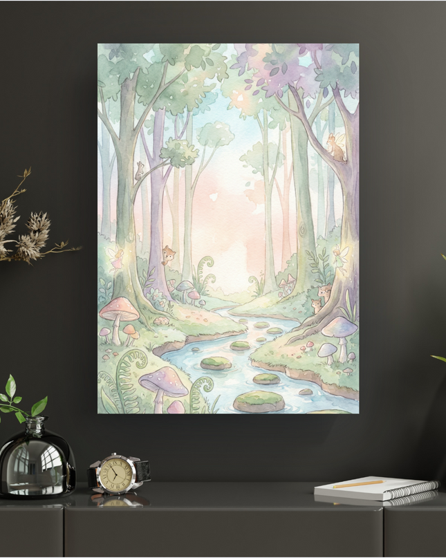 Affiche verticale représentant une forêt enchantée peinte à l'aquarelle. Les couleurs sont douces et pastel, avec des arbres aux troncs fins et aux feuillages verts et violets clairs. Un ruisseau sinueux traverse la scène, parsemé de pierres plates. Des champignons roses et violets, des fougères et de petits animaux comme des écureuils et des renards sont dissimulés. Des fées lumineuses volent près des arbres. La lumière du soleil filtre à travers les arbres au centre, créant une ambiance magique et serein…