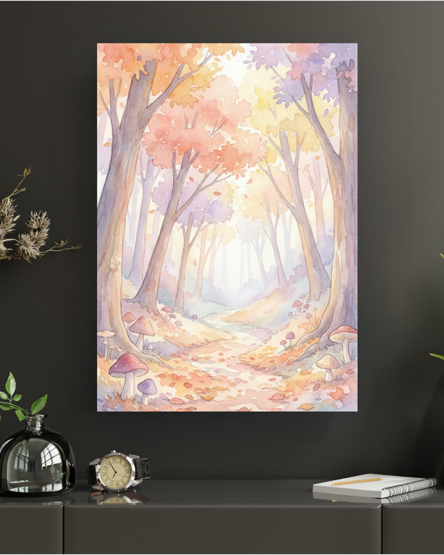 Affiche murale représentant une forêt d'automne aux couleurs pastel, peinte à l'aquarelle. Un chemin sinueux couvert de feuilles oranges, jaunes et violettes traverse des arbres aux feuillages doux et translucides. Des champignons de diverses tailles et couleurs (rouge, violet, beige) parsèment le sol. La lumière douce et diffuse à l'arrière-plan crée une ambiance onirique et apaisante.