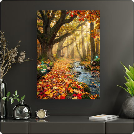 Affiche verticale représentant une forêt enchantée en automne. Un chemin tapissé de feuilles rouges, oranges et jaunes serpente le long d'un ruisseau clair et rocheux. Des rayons de soleil dorés traversent la canopée, illuminant un cerf majestueux se tenant au loin sous un grand arbre. Des arbres centenaires aux troncs massifs dominent la scène, et des champignons aux couleurs vives (bleu, vert, blanc) parsèment les troncs moussus au premier plan, ajoutant une touche féerique.