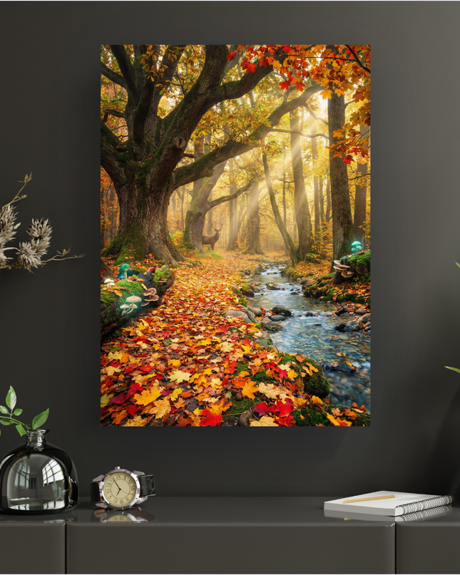 Affiche verticale représentant une forêt enchantée en automne. Un chemin tapissé de feuilles rouges, oranges et jaunes serpente le long d'un ruisseau clair et rocheux. Des rayons de soleil dorés traversent la canopée, illuminant un cerf majestueux se tenant au loin sous un grand arbre. Des arbres centenaires aux troncs massifs dominent la scène, et des champignons aux couleurs vives (bleu, vert, blanc) parsèment les troncs moussus au premier plan, ajoutant une touche féerique.