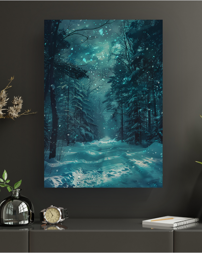 Affiche verticale représentant une forêt enneigée la nuit, avec un chemin couvert de neige fraîche menant au loin. Les arbres sombres et hauts sont recouverts de neige, et le ciel bleu-vert foncé est parsemé de milliers de points lumineux scintillants, comme des étoiles ou des flocons de neige magiques, créant une atmosphère féerique et mystérieuse. La scène est dominée par des teintes de bleu profond, de blanc pur et de vert sombre.