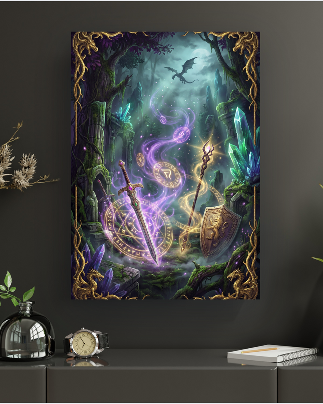 Affiche verticale représentant une scène fantastique dans une forêt enchantée et sombre. Au centre, une épée magique violette et un bouclier orné d'un lion, entourés de runes lumineuses et de cristaux bleus et violets. Un bâton de magicien est visible à droite. En arrière-plan, des ruines anciennes envahies par la mousse et des arbres aux feuilles pourpres. Un dragon noir vole sous une lune pâle dans le ciel nuageux. Le tout est encadré par une bordure dorée ornée de têtes de dragons sculptées.