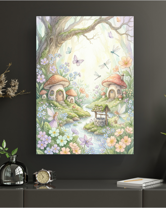 Affiche murale représentant une forêt enchantée aux couleurs pastel, peinte à l'aquarelle. On y voit des maisons en forme de champignons, un ruisseau sinueux, un puits en pierre, et des fées aux ailes délicates. Des papillons et des libellules volent au milieu de fleurs variées aux teintes douces de mauve, bleu, rose et jaune. Un grand arbre majestueux domine la scène, baignée d'une lumière douce et onirique.