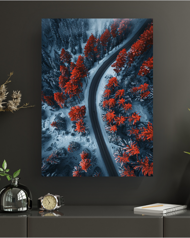 Vue aérienne d'une route sinueuse traversant une forêt enneigée. Les arbres, des conifères, ont un feuillage rouge vif éclatant, créant un contraste saisissant avec la neige blanche et les tons sombres de la route et du ciel brumeux. Le paysage est une scène hivernale dramatique et colorée.