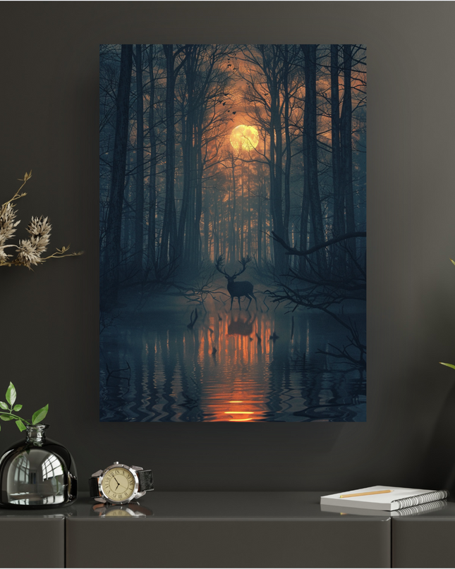 Affiche murale verticale représentant un cerf majestueux se tenant dans les eaux peu profondes d'un marais sombre, au cœur d'une forêt dense et sans feuilles. Une grande lune pleine, d'un orange éclatant, est visible à travers les arbres dénudés, projetant une lumière chaude et des reflets intenses sur la surface de l'eau. L'ambiance générale est mystérieuse, éthérée et sombre, avec des tons de bleu profond, de gris et d'orange vif.