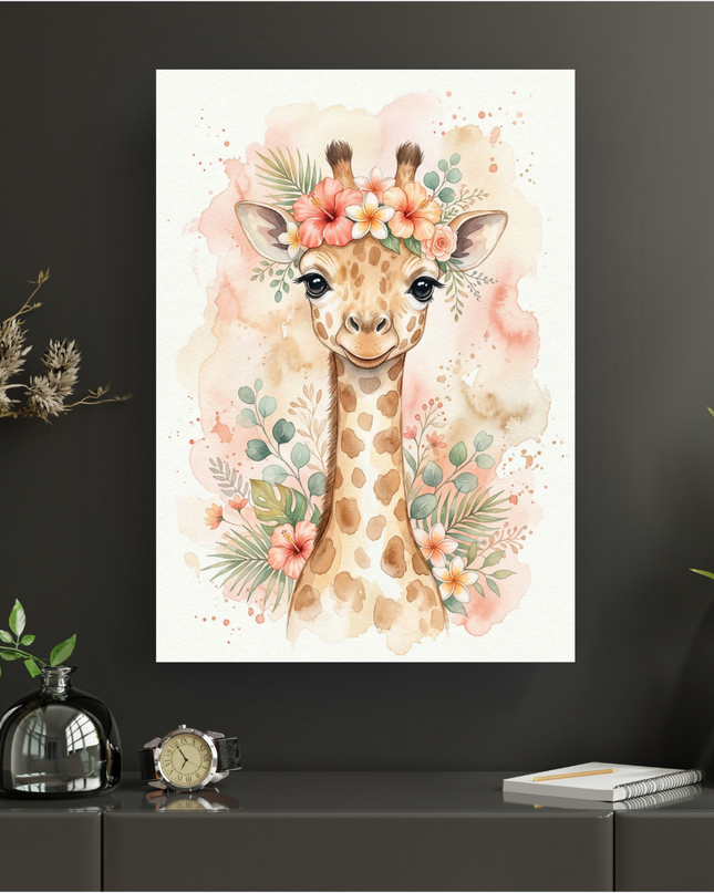 Affiche verticale illustrant une jeune girafe souriante en style aquarelle, le cou et la tête ornés d'une couronne de fleurs tropicales roses, oranges et blanches (hibiscus, frangipanier) et de feuilles vertes. Le fond est un lavis doux de couleurs pastel rose et pêche avec des éclaboussures. La girafe a de grands yeux noirs et un pelage tacheté marron clair.