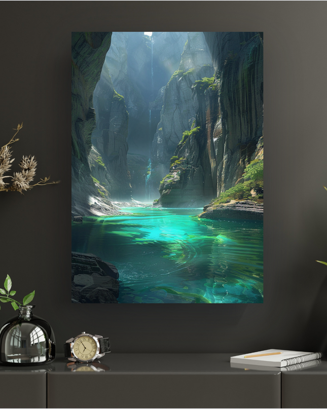 Affiche murale verticale représentant des gorges profondes et majestueuses. L'eau d'un bleu-vert émeraude intense et translucide serpente au fond du canyon, reflétant la lumière du soleil qui filtre d'en haut. Des falaises rocheuses abruptes et verdoyantes s'élèvent de chaque côté, avec une cascade lointaine visible au sommet. L'ambiance est mystique, sereine et invite à l'évasion.