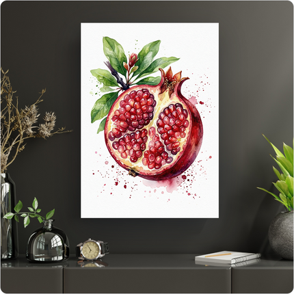 Affiche murale représentant une illustration à l'aquarelle d'une grenade coupée en deux, révélant ses graines rouges juteuses. Le fruit est accompagné de feuilles vertes et de bourgeons sur une branche, avec des éclaboussures de peinture rouge et verte sur un fond blanc pur. Le style est vibrant et détaillé, évoquant la fraîcheur.