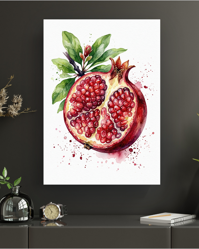 Affiche murale représentant une illustration à l'aquarelle d'une grenade coupée en deux, révélant ses graines rouges juteuses. Le fruit est accompagné de feuilles vertes et de bourgeons sur une branche, avec des éclaboussures de peinture rouge et verte sur un fond blanc pur. Le style est vibrant et détaillé, évoquant la fraîcheur.
