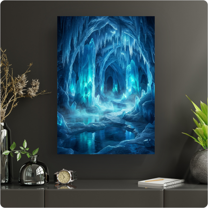 Affiche murale représentant l'intérieur d'une grotte de glace et de cristal, illuminée par une lumière bleue intense émanant de grands cristaux et de la glace. Des stalactites et stalagmites de glace pendent et s'élèvent, un chemin gelé serpente à travers la caverne, et un petit bassin d'eau reflète les lueurs bleues. Une brume légère flotte au-dessus du sol gelé, créant une atmosphère mystérieuse et féerique.