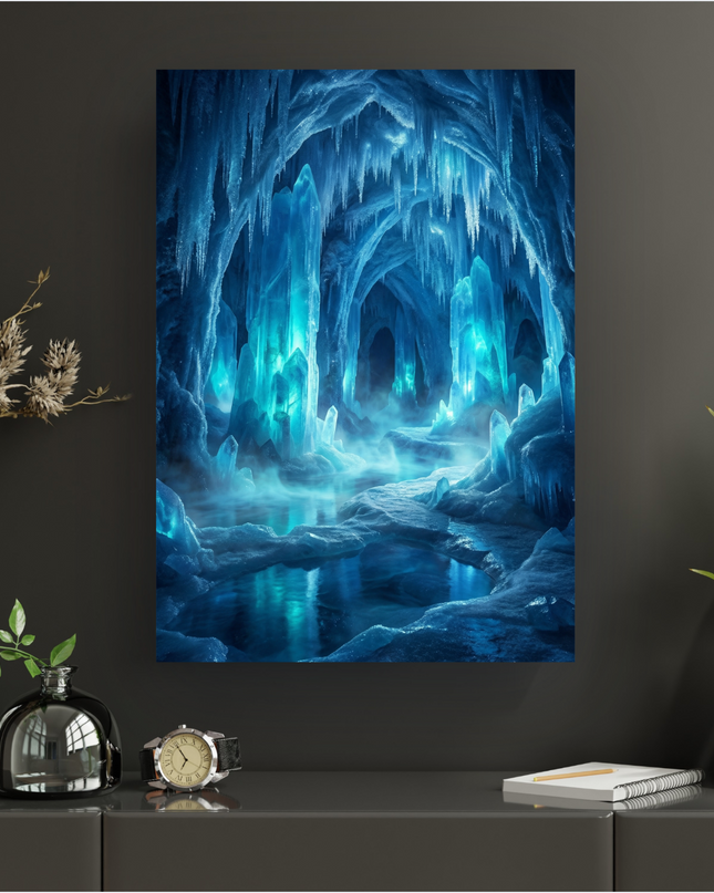 Affiche murale représentant l'intérieur d'une grotte de glace et de cristal, illuminée par une lumière bleue intense émanant de grands cristaux et de la glace. Des stalactites et stalagmites de glace pendent et s'élèvent, un chemin gelé serpente à travers la caverne, et un petit bassin d'eau reflète les lueurs bleues. Une brume légère flotte au-dessus du sol gelé, créant une atmosphère mystérieuse et féerique.