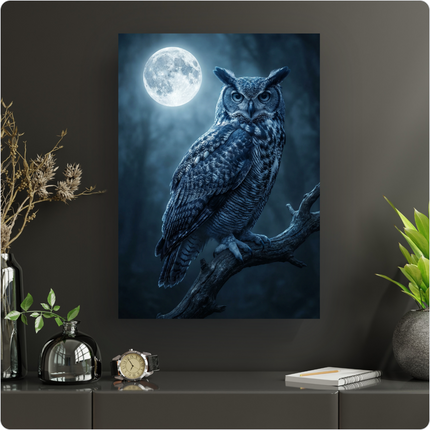 Affiche verticale présentant un grand-duc ou hibou grand-duc aux yeux perçants, perché sur une branche d'arbre noueuse. Une pleine lune lumineuse et éclatante domine le ciel sombre et brumeux d'une forêt. L'ambiance est nocturne et mystérieuse, avec des tons bleus et gris profonds.