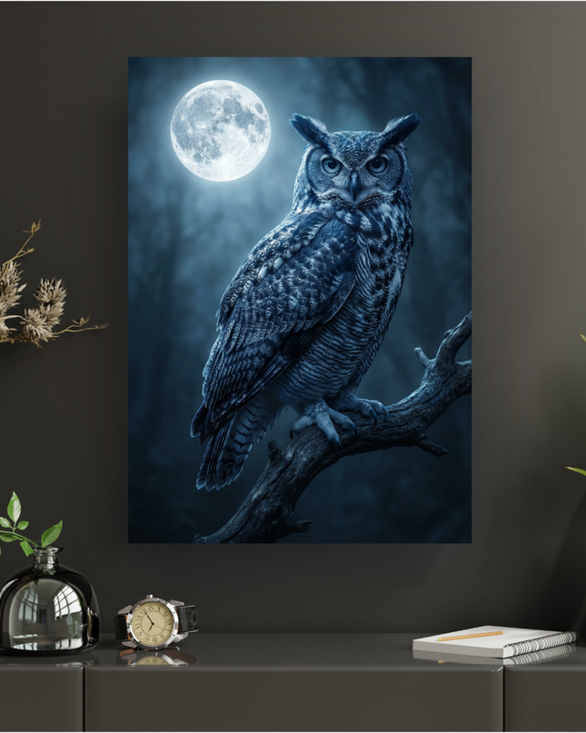 Affiche verticale présentant un grand-duc ou hibou grand-duc aux yeux perçants, perché sur une branche d'arbre noueuse. Une pleine lune lumineuse et éclatante domine le ciel sombre et brumeux d'une forêt. L'ambiance est nocturne et mystérieuse, avec des tons bleus et gris profonds.