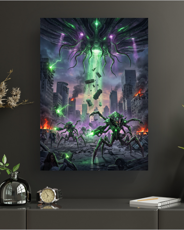 Affiche représentant une scène d'invasion extraterrestre apocalyptique. Un immense vaisseau spatial sombre et organique, illuminé de vert et violet, plane au-dessus d'une ville en ruines. Des voitures et des débris flottent, aspirés par un rayon d'énergie vert. Au sol, des créatures extraterrestres arachnoïdes, vertes et lumineuses, attaquent au milieu des bâtiments en feu et des décombres. Des humains paniqués tentent de fuir. L'ambiance est sombre et dramatique, avec un ciel crépusculaire.