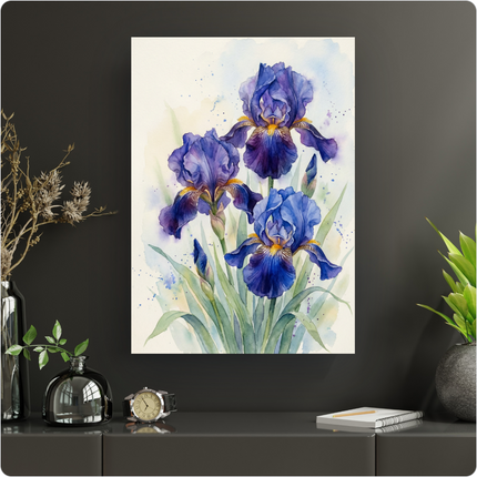 Affiche verticale représentant trois iris majestueux aux pétales bleu-violet profond et cœur jaune, peints à l'aquarelle. Les fleurs sont entourées de feuilles vertes élancées et de délicates éclaboussures de peinture bleue et jaune sur un fond clair. L'affiche est présentée sur un mur sombre, posée sur un meuble bas, entourée d'éléments de décoration modernes.