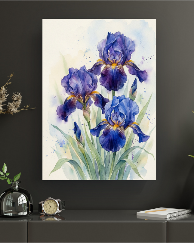 Affiche verticale représentant trois iris majestueux aux pétales bleu-violet profond et cœur jaune, peints à l'aquarelle. Les fleurs sont entourées de feuilles vertes élancées et de délicates éclaboussures de peinture bleue et jaune sur un fond clair. L'affiche est présentée sur un mur sombre, posée sur un meuble bas, entourée d'éléments de décoration modernes.