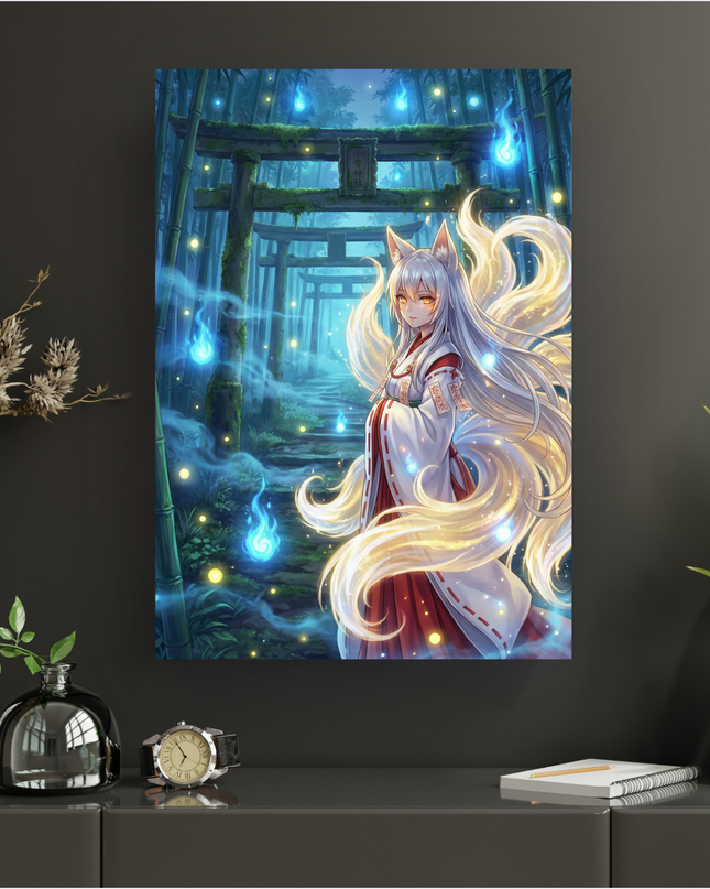 Affiche verticale représentant une jeune femme aux cheveux blancs et multiples queues de renard dorées (Kitsune) vêtue d'un kimono blanc et rouge, debout dans une forêt de bambous mystique. Des torii japonais en bois couverts de mousse s'étendent en arrière-plan le long d'un chemin. Des flammes bleues flottantes et des lucioles lumineuses éclairent la scène, créant une ambiance magique et fantastique. Ses yeux sont d'un jaune doré intense et son expression est sereine.