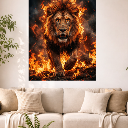 Affiche verticale représentant un lion majestueux aux yeux ardents, avançant frontalement au milieu d'intenses flammes orange et rouges, avec des étincelles s'élevant sur un fond sombre et fumant. Le pelage du lion est illuminé par le feu, créant un contraste saisissant et une impression de puissance brute.