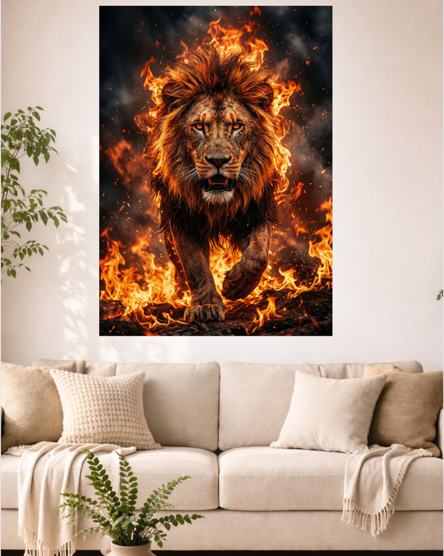 Affiche verticale représentant un lion majestueux aux yeux ardents, avançant frontalement au milieu d'intenses flammes orange et rouges, avec des étincelles s'élevant sur un fond sombre et fumant. Le pelage du lion est illuminé par le feu, créant un contraste saisissant et une impression de puissance brute.