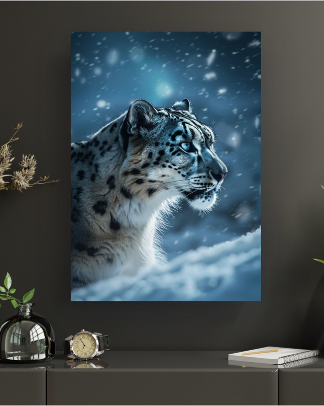 Affiche murale verticale présentant un gros plan d'un léopard des neiges regardant vers la droite. Son pelage tacheté blanc et gris est mis en valeur par la lumière, et ses yeux bleus perçants sont le point focal. L'arrière-plan est un paysage hivernal sombre et flou, avec une chute de neige visible et une lueur bleutée diffuse en haut à gauche, créant une atmosphère mystérieuse.