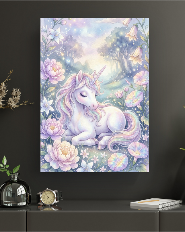 Affiche murale représentant une licorne blanche endormie, aux crinière et queue arc-en-ciel pastel, couchée dans un jardin féerique. L'illustration est réalisée à l'aquarelle avec des tons doux de rose, violet, bleu et vert clair. Des pivoines roses, des campanules et des petites fleurs blanches entourent la licorne, le tout parsemé de petites étoiles scintillantes. Le fond montre un paysage onirique avec des arbres et un ciel lumineux.
