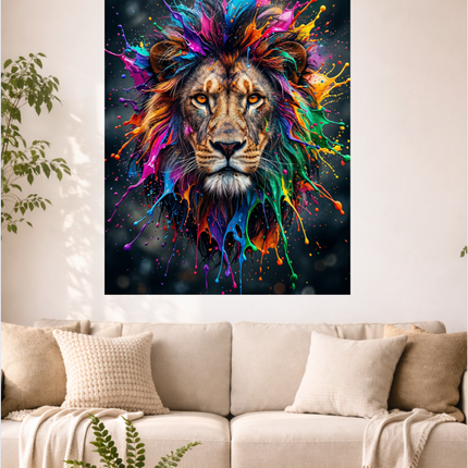 Portrait frontal détaillé d'un lion majestueux sur un fond sombre et flou. Sa crinière est remplacée par une explosion dynamique et multicolore de taches et d'éclaboussures de peinture vives, incluant du rose fuchsia, du bleu électrique, du vert émeraude, du jaune, de l'orange et du violet. Les yeux du lion sont d'un orange perçant, fixant intensément l'observateur.