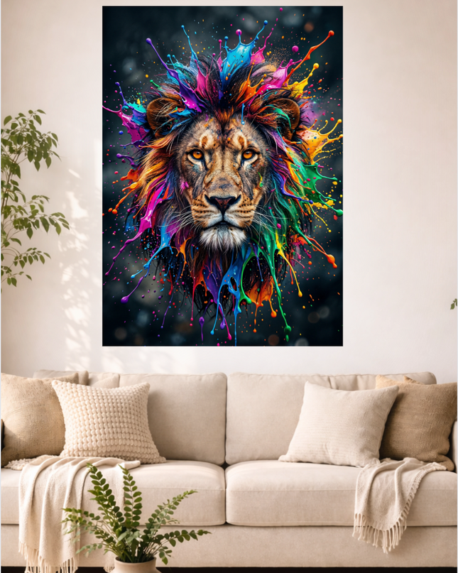 Portrait frontal détaillé d'un lion majestueux sur un fond sombre et flou. Sa crinière est remplacée par une explosion dynamique et multicolore de taches et d'éclaboussures de peinture vives, incluant du rose fuchsia, du bleu électrique, du vert émeraude, du jaune, de l'orange et du violet. Les yeux du lion sont d'un orange perçant, fixant intensément l'observateur.