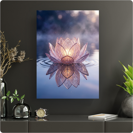 Affiche murale représentant un lotus lumineux et translucide aux pétales roses et violets, flottant délicatement sur une surface d'eau calme. Des ondulations concentriques partent du centre de la fleur. La lumière chaude émanant du cœur du lotus se reflète parfaitement dans l'eau, créant un effet miroir saisissant. L'arrière-plan est flou, avec des touches de lumière bokeh et une légère brume, ajoutant à l'atmosphère mystique et éthérée. Des petites particules lumineuses semblent s'élever de la fleur, acce…