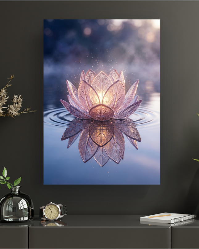 Affiche murale représentant un lotus lumineux et translucide aux pétales roses et violets, flottant délicatement sur une surface d'eau calme. Des ondulations concentriques partent du centre de la fleur. La lumière chaude émanant du cœur du lotus se reflète parfaitement dans l'eau, créant un effet miroir saisissant. L'arrière-plan est flou, avec des touches de lumière bokeh et une légère brume, ajoutant à l'atmosphère mystique et éthérée. Des petites particules lumineuses semblent s'élever de la fleur, acce…