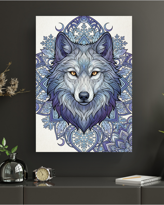 Affiche murale verticale représentant la tête d'un loup stylisé et majestueux, aux yeux perçants de couleur jaune-orangé. Son pelage est dessiné avec des nuances de bleu, de violet et de gris. L'animal est entouré d'un motif complexe de mandala intégrant des flocons de neige et des croissants de lune, dans des tons de bleu clair et de lavande sur un fond blanc cassé. L'affiche est présentée sur un mur anthracite dans un intérieur contemporain, avec des éléments décoratifs discrets à gauche et à droite.