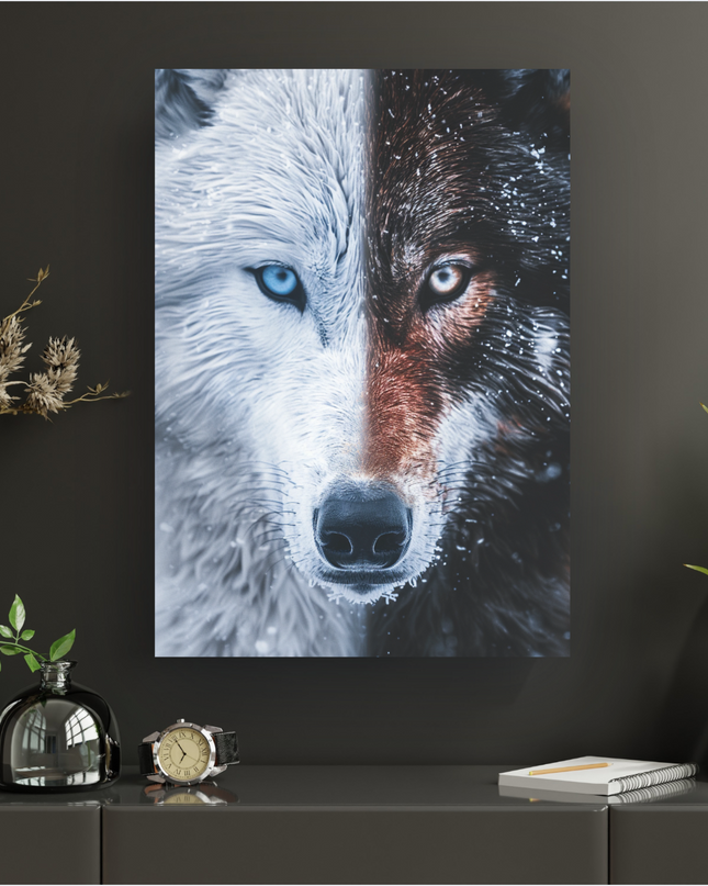 Affiche murale verticale représentant un gros plan saisissant du visage d'un loup, divisé verticalement en deux moitiés distinctes. La moitié gauche présente un loup blanc au pelage immaculé et à l'œil bleu perçant, parsemé de flocons de neige délicats. La moitié droite dévoile un loup sombre, presque noir, avec un œil doré intense et un pelage également saupoudré de neige. Le nez noir du loup est central et détaillé, avec des traces de givre. L'arrière-plan est unifié par une teinte sombre et floue, accen…