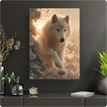 Une affiche artistique représentant un loup blanc majestueux, au pelage épais et aux yeux ambrés, bondissant hors d'un mur de roches grises en plein éclatement. La scène est baignée d'une lumière chaude et dorée, créant un halo derrière le loup et projetant des débris et de la poussière dans l'air, évoquant une évasion puissante et une énergie brute. Le loup est en mouvement, une patte avant levée, le regard intense et déterminé.