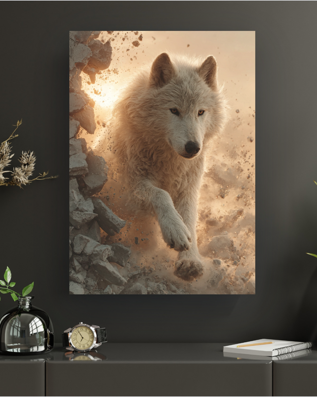 Une affiche artistique représentant un loup blanc majestueux, au pelage épais et aux yeux ambrés, bondissant hors d'un mur de roches grises en plein éclatement. La scène est baignée d'une lumière chaude et dorée, créant un halo derrière le loup et projetant des débris et de la poussière dans l'air, évoquant une évasion puissante et une énergie brute. Le loup est en mouvement, une patte avant levée, le regard intense et déterminé.